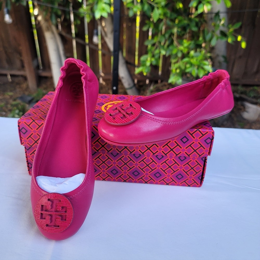 TORY BURCH Dark Azalea Minnie Travel Ballet with Logo Embossed Nappa Leather